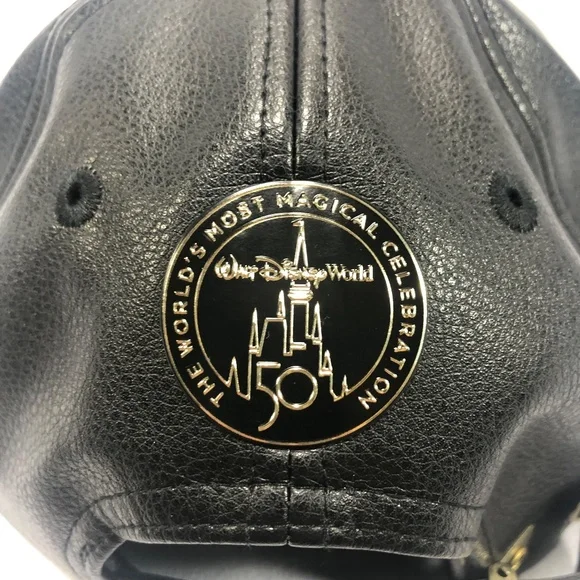 Walt Disney World 50th Anniversary Logo Black Baseball Cap Hat Faux Leather NEW - Picture 3 of 4